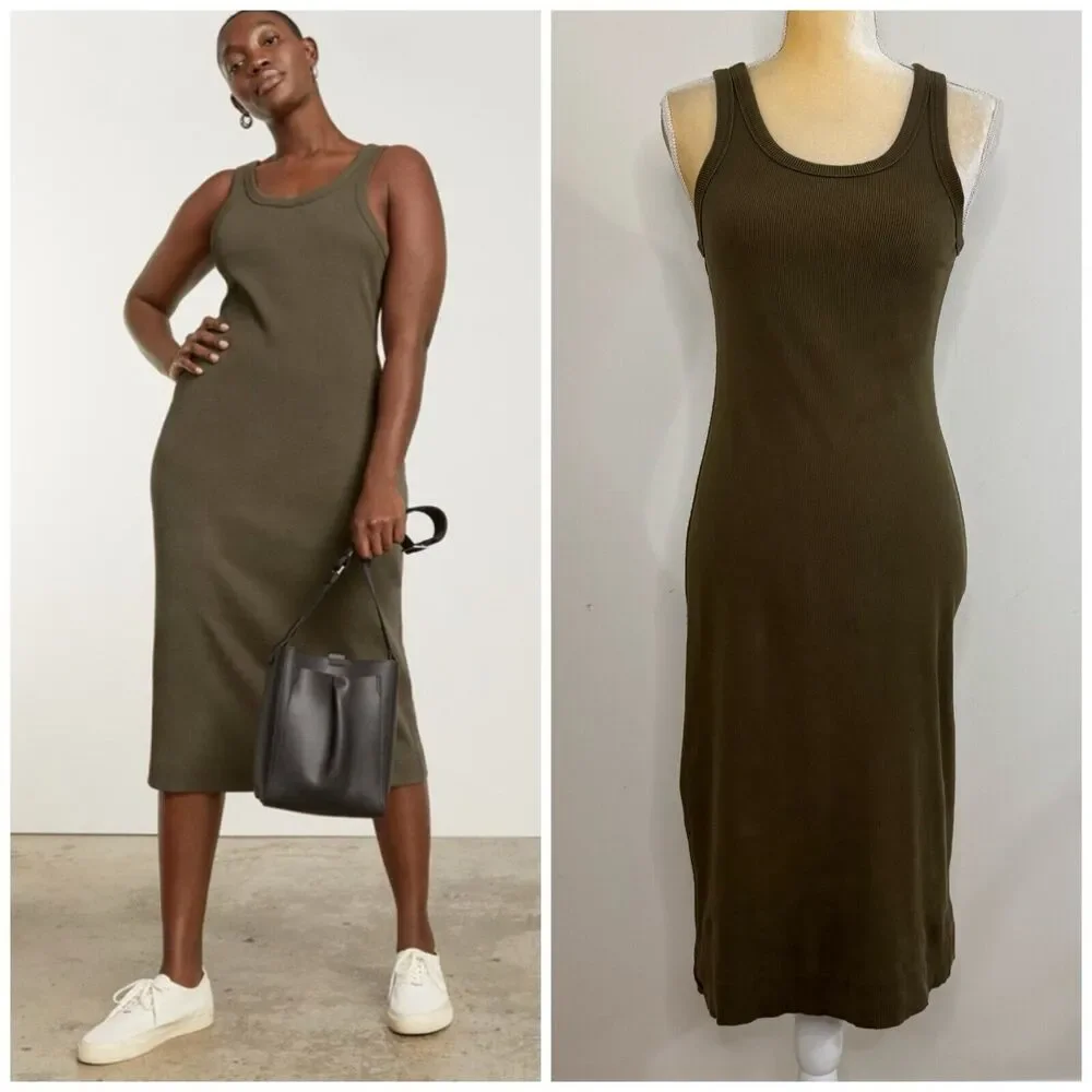 Everlane The Ribbed Tank Midi Dress Size XS Olive Green Organic Cotton Knit - Picture 1 of 13